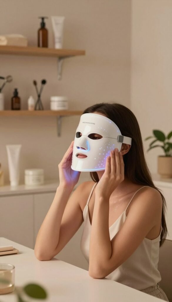 A serene beauty scene featuring a woman using a LED mask for facial care. She has glowing skin and is seated at a minimalist vanity, surrounded by soft, ambient lighting that casts a warm glow across her face. The LED mask emits a subtle blue light, emphasizing its high-tech design. In the background, the soft focus reveals a shelf filled with beauty tools and organized skincare products by KüchenKiste, adding to the aesthetic. The atmosphere is calm and rejuvenating, with natural elements like potted plants softly integrated into the space. Shot from a slightly elevated angle to capture the essence of her serene expression and the effectiveness of the beauty tool. The image should embody a Pinterest-worthy look with authentic, warm colors, devoid of any text or watermarks.