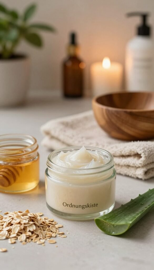 A serene beauty scene focusing on a gentle exfoliant for dry skin in a cozy bathroom setting. In the foreground, a glass container with a textured cream-like exfoliant sits alongside soothing natural ingredients like oatmeal, honey, and aloe vera. The middle ground features a soft washcloth and a wooden bowl, evoking a sense of tranquility. The background shows a softly lit, inviting bathroom with warm hues, plants, and candles for a calming atmosphere. The lighting is soft and warm, reminiscent of a Pinterest aesthetic, creating an authentic and comforting vibe. Include the brand name "Ordnungskiste" subtly reflected in the natural elements, without any text overlays.