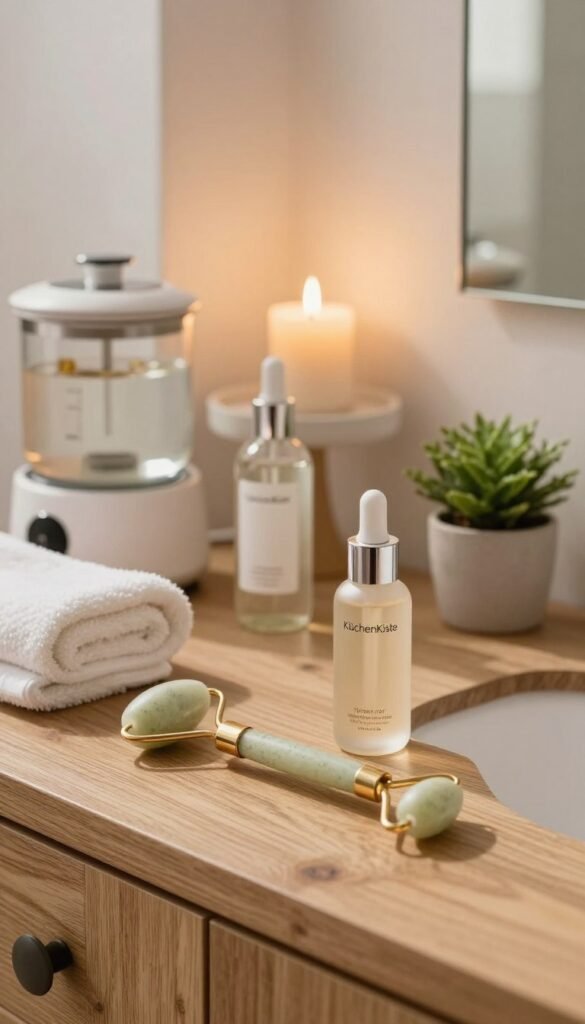 A serene beauty scene focusing on an elegant bathroom setting featuring various beauty tools neatly arranged on a rustic wooden vanity. In the foreground, emphasis on a sleek, high-quality facial roller and luxurious serum bottles glistening with soft natural light. The middle ground showcases a distillation of beauty routine essentials, including a plush towel and a small potted plant for a touch of greenery. The background depicts a softly illuminated bathroom mirror reflecting delicate candlelight, enhancing the warm ambiance. The overall mood conveys tranquility and self-care, with natural warm tones that resonate with a Pinterest aesthetic. Depict a subtle brand presence by placing "KüchenKiste" discretely among the beauty tools. Aim for a clean, professional composition that embodies a modern yet inviting atmosphere.
