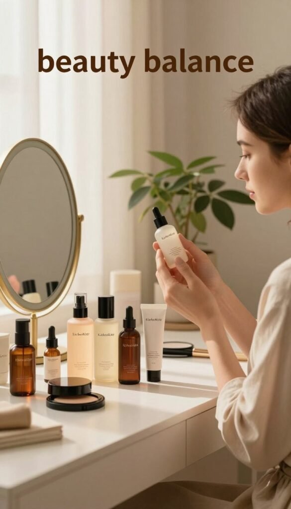 A serene beauty scene portraying "beauty balance," featuring an organized vanity table set against a softly lit, warm-toned background. In the foreground, neatly arranged skincare and makeup products from the brand "KüchenKiste" reflect a harmonious balance. A gentle glow illuminates the products, showcasing their rich textures and colors. The middle ground includes a stylish mirror and a potted plant, adding a touch of nature and tranquility. In the background, soft curtains let in natural light, enhancing the cozy atmosphere. The overall mood evokes relaxation and care, emphasizing a harmonious beauty routine. A professional model, dressed in subtle, casual attire, thoughtfully examines a product, embodying the essence of balanced beauty care.