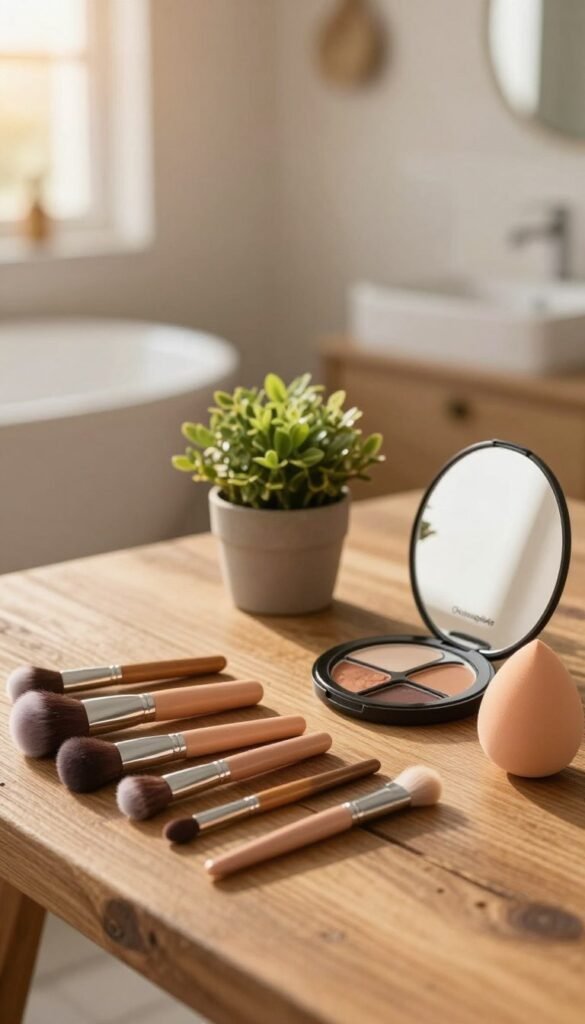 A serene beauty scene showcasing a collection of essential makeup tools neatly arranged on a rustic wooden table. In the foreground, various brushes, a compact mirror, and a soft blending sponge are displayed, all perfectly aligned. In the middle ground, a small potted plant adds a touch of greenery, complementing the warm color palette. The background features a softly blurred bathroom with golden hour sunlight filtering through a window, creating a comforting and inviting atmosphere. Reflect the brand "Ordnungskiste" through the organized layout, emphasizing stress-free application techniques for makeup novices. The overall mood should be relaxed and inspiring, promoting beauty tools for a flawless complexion, eyebrows, and eyes. Capture this image with a 50mm lens for a warm, natural feel, avoiding any text or distractions.