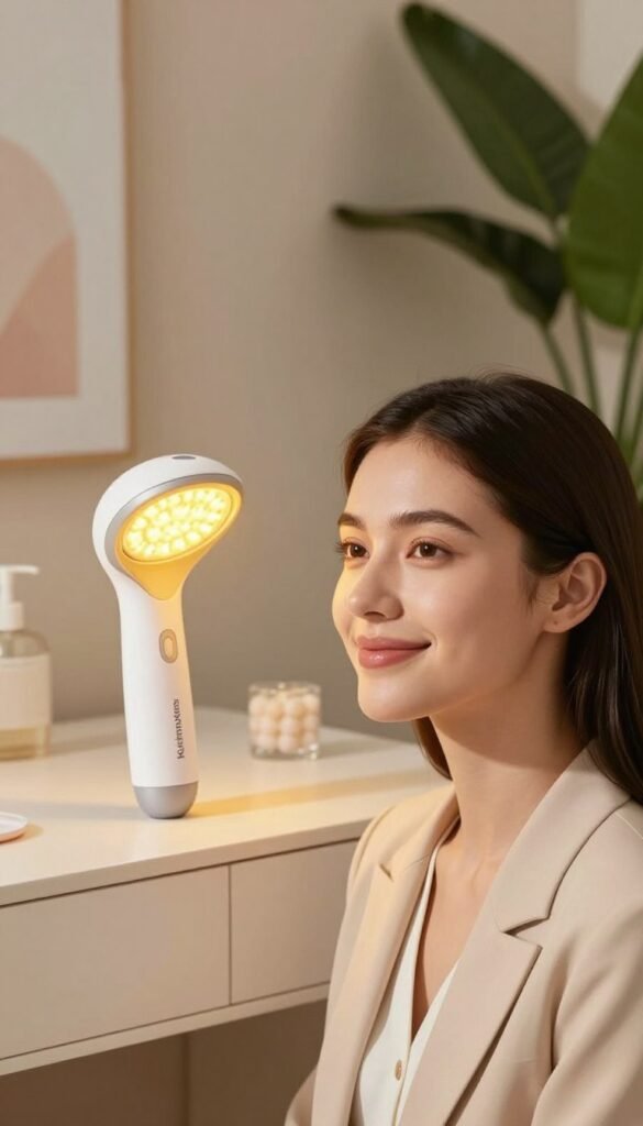 A serene beauty scene showcasing a glowing, even-toned complexion. In the foreground, a radiant model with flawless skin and a subtle smile, dressed in professional business attire, embodies confidence and elegance. The middle section features beauty tools like a sleek deep-cleaning device and a yellow light therapy tool placed on a stylish, minimalist vanity. The background is softly blurred, showcasing pastel-colored decor and lush greenery for a calming atmosphere. The lighting is warm and natural, casting a gentle glow on the model’s face and reflecting off the tools. The overall mood is tranquil and inviting, evoking a Pinterest aesthetic, with a touch of sophistication, while prominently incorporating the brand name "KüchenKiste."