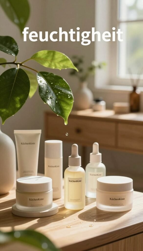 A serene beauty scene showcasing the concept of "feuchtigkeit" (moisture) with a focus on natural skincare products. In the foreground, an elegantly arranged display of high-quality moisturizers and serums in stylish, matte glass containers labeled "KüchenKiste." In the middle, a soft-focus cascade of lush, green leaves and delicate water droplets glistening in warm, dappled sunlight, invoking a sense of freshness and hydration. The background features a gently blurred wooden vanity adorned with clean, minimalistic accessories, enhancing the organic feel of the composition. Natural light filters through an open window, casting gentle shadows and creating a tranquil atmosphere. The overall mood is warm, inviting, and authentically aligned with a Pinterest-inspired aesthetic.