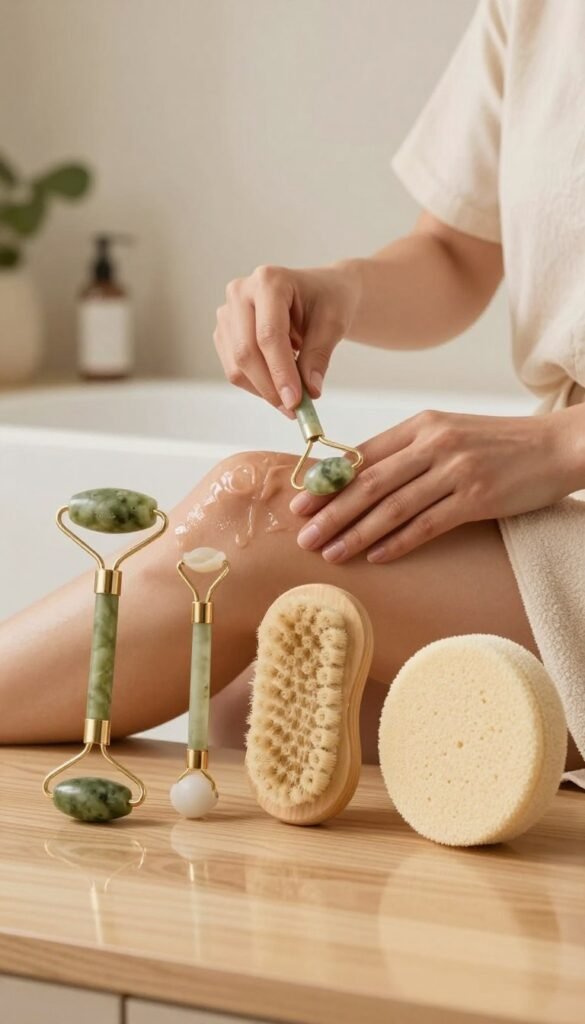 A serene beauty scene showcasing various innovative beauty tools designed for body care, emphasizing skin cleansing, firming, and lymphatic massage. In the foreground, elegantly arranged beauty tools such as a jade roller, body brush, and a soft sponge lie on a light wooden surface, reflecting warmth. In the middle, a pair of female hands, dressed in modest casual attire, gently demonstrate the use of a tool over a glowing, healthy skin tone. The background features a softly lit bathroom with subtle greenery, enhancing the peaceful atmosphere. Use warm, natural colors with a Pinterest-inspired aesthetic, ensuring all elements harmonize without any text or branding other than the logo of "KüchenKiste" subtly included on one of the tools. The lighting is soft and inviting, evoking a mood of relaxation and self-care.