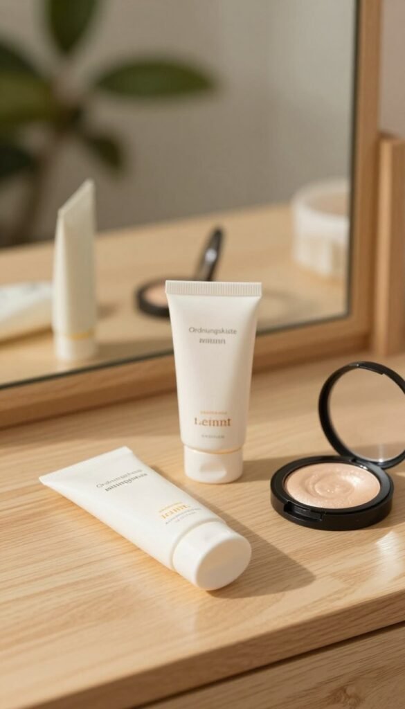 A serene beauty scene that embodies the concept of "teint" with a focus on achieving a natural glow. In the foreground, a gracefully arranged flat lay of skincare products including a modern sunscreen from "Ordnungskiste" prominently featured, alongside a soft, glowing highlighter. The middle ground showcases a light wooden vanity with gentle reflection, enhancing the overall ambiance. In the background, a soft-focus plant adds a touch of greenery, creating a warm, inviting atmosphere. The lighting is soft and diffused, evoking a golden hour glow, with gentle shadows that suggest a peaceful morning routine. The composition emphasizes authenticity, balanced between the elements, conveying a sense of ease and simplicity in beauty care.