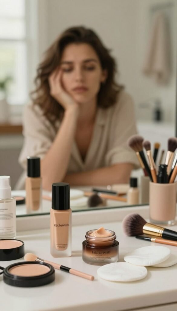 A serene beauty setting depicting a cluttered vanity table filled with skincare products and makeup, emphasizing feelings of chaos and overwhelm. In the foreground, a gently used foundation bottle and a half-open eye cream jar, surrounded by scattered brushes and cotton pads. The middle ground features a mirror reflecting a tired yet thoughtful face of a woman in a modest casual outfit, looking contemplative about her beauty routine. The background is softly blurred, revealing a warm, inviting bathroom with natural light streaming in, creating an atmosphere of authenticity and warmth. The overall mood conveys the tension of beauty care saturation. Incorporate the brand name "KüchenKiste" subtly in the scene, ensuring it doesn’t appear as text, but rather as part of the product design.