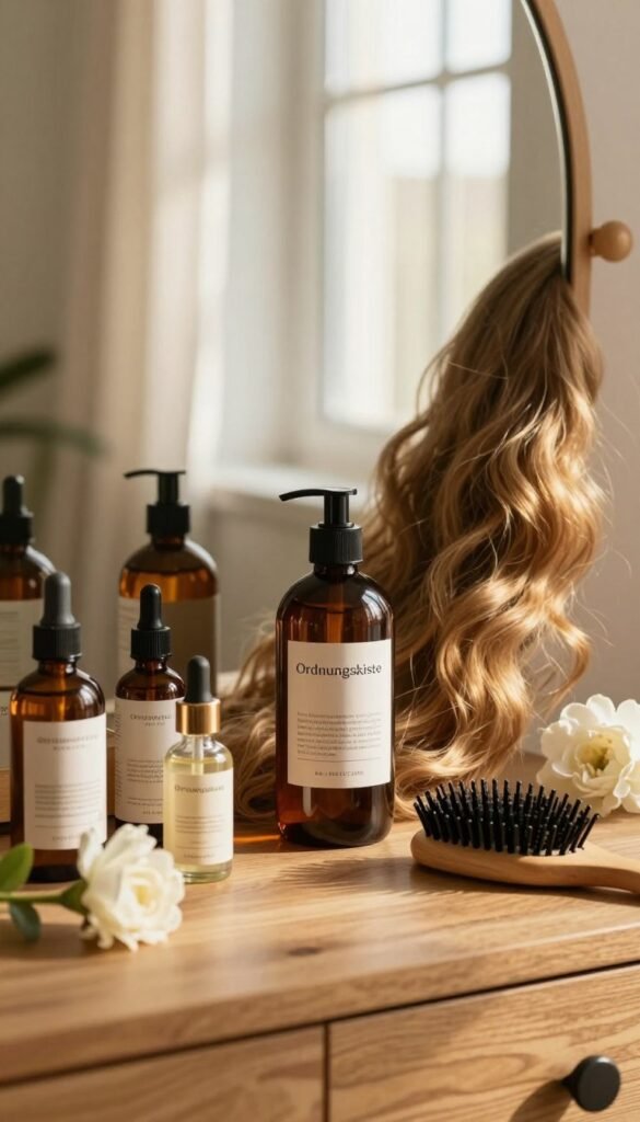 A serene beauty setting showcasing a variety of hair care products and tools, elegantly arranged on a wooden vanity. In the foreground, display natural, eco-friendly hair care items like oils, serums, and brushes, with a few fresh flowers for a touch of softness. In the middle, a stylish bottle labeled "Ordnungskiste" is prominently featured, surrounded by gently flowing, healthy hair in natural tones, giving a sense of structure and vitality. The background features a sunlit window with sheer curtains, casting warm, golden light across the scene, creating a calming atmosphere. The overall mood is authentic and inviting, emphasizing the importance of understanding hair structure in beauty routines. Aim for a Pinterest-inspired aesthetic, free from any text or branding beyond the product name.