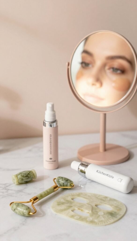 A serene beauty setup featuring a focus on the eyes, showcasing an elegant array of facial tools designed for reducing puffiness and enhancing the eye area. In the foreground, display an assortment of sleek, modern devices like a jade roller, under-eye masks, and an electric eye massager, artistically arranged on a marble countertop. The middle ground includes a stylish hand mirror, reflecting a soft, ambient light. The background softly blurs out with a soothing, pastel-hued wall, creating a tranquil atmosphere. Use natural lighting that highlights the warm colors and textures, capturing a Pinterest-inspired aesthetic. Emphasize authenticity and natural beauty, ensuring no text, logos, or disruptive elements in the image. Brand subtly as "KüchenKiste" through the design of the tools.