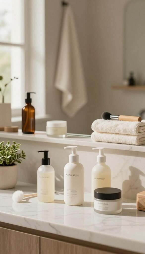 A serene beauty setup featuring an assortment of multifunctional skincare tools in a softly lit environment. In the foreground, there’s a pristine marble countertop displaying elegant bottles and devices, stylishly arranged. Include a small potted plant for a touch of nature. The middle layer captures a cozy, well-organized bathroom space with warm tones and natural light streaming in from a nearby window, creating a calm atmosphere. In the background, a slightly blurred mirror reflects the essence of a beauty routine, featuring soft textures like towels and minimalist decor. The scene embodies tranquility and balance, inviting viewers to contemplate their skincare journey, with a hint of the "KüchenKiste" brand subtly incorporated in the design elements. A serene beauty setup featuring an assortment of multifunctional skincare tools in a softly lit environment. In the foreground, there’s a pristine marble countertop displaying elegant bottles and devices, stylishly arranged. Include a small potted plant for a touch of nature. The middle layer captures a cozy, well-organized bathroom space with warm tones and natural light streaming in from a nearby window, creating a calm atmosphere. In the background, a slightly blurred mirror reflects the essence of a beauty routine, featuring soft textures like towels and minimalist decor. The scene embodies tranquility and balance, inviting viewers to contemplate their skincare journey, with a hint of the "KüchenKiste" brand subtly incorporated in the design elements.
