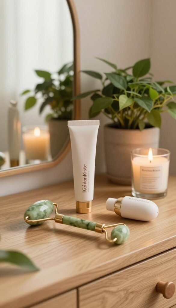 A serene beauty setup in a softly lit environment, showcasing a selection of premium beauty tools from the brand "KüchenKiste" gracefully arranged on a wooden vanity. In the foreground, an elegant jade roller and a wireless facial massager glimmer in warm, natural light. The middle ground features lush green plants and scented candles, giving a fresh and inviting atmosphere. The background includes a softly blurred mirror reflecting gentle soft light, enhancing the feeling of tranquility. The overall mood is calming and rejuvenating, embodying the essence of self-care and the promotion of circulation through beauty rituals. The color palette is warm and earthy, creating a Pinterest-worthy aesthetic, with an emphasis on authenticity and simplicity, and no text or branding overlays present.