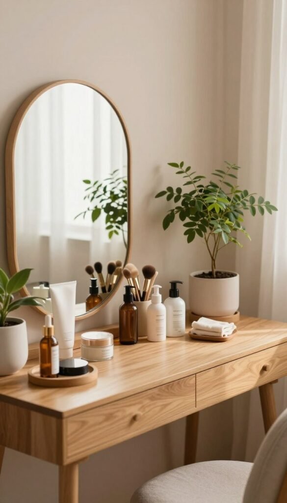 A serene beauty structure concept, showcasing a well-organized vanity setup with a gentle focus on natural aesthetics. In the foreground, a modern wooden vanity adorned with an array of skincare products, neatly arranged brushes, and an elegant mirror reflecting soft, warm natural light. The middle ground features delicate plants in stylish pots, creating a calming ambiance. In the background, a cozy, minimalist room with pastel-colored walls and soft fabric textures adds to the inviting atmosphere. The lighting is soft and diffused, reminiscent of early morning light, enhancing the warm color palette. Emphasize authenticity and a Pinterest-inspired look, capturing the essence of 'Ordnungskiste' with an emphasis on beauty as a harmonious system rather than a task list.