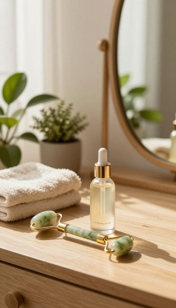 A serene beauty studio setting showcasing skin care tools, elegantly organized on a wooden vanity. In the foreground, a golden jade roller and a glass serum bottle with soft reflections, exuding the essence of luxury and self-care. The middle ground features gentle sunlight filtering through sheer curtains, illuminating a plush cream-colored towel and lush green plants, creating a calming atmosphere. The background displays an inviting mirror with warm wood accents, suggesting an organized yet cozy environment. The entire scene is bathed in warm, inviting colors that capture a Pinterest-inspired aesthetic. A subtle brand name, "Ordnungskiste," is elegantly incorporated into the scene in a sophisticated manner, blending seamlessly with the overall ambiance.