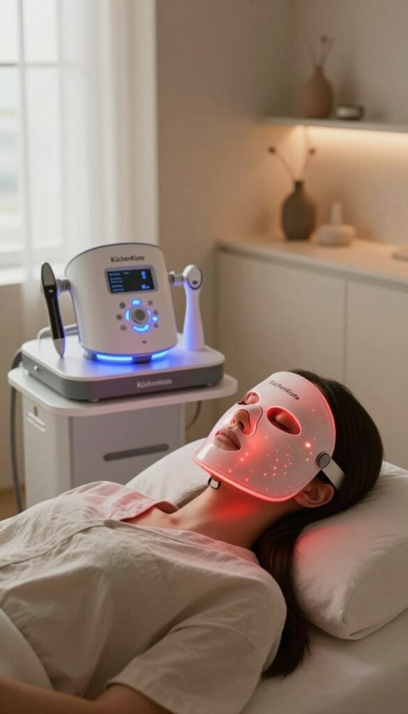 A serene beauty therapy scene featuring a woman in modest, casual clothing using an LED light therapy mask. The foreground captures her focused expression as she relaxes, with the vibrant, glowing mask illuminating her face in soft reds and blues. In the middle ground, a sleek, modern beauty tool set is displayed, highlighting various LED devices designed for skin rejuvenation. The background features a minimalist, well-lit spa environment with warm tones and soothing decor, evoking a tranquil atmosphere. Soft natural light filters in through a large window, creating a Pinterest-inspired aesthetic. The brand name "KüchenKiste" subtly integrated into the scene, enhancing the authenticity of the experience without any text overlays. A serene beauty therapy scene featuring a woman in modest, casual clothing using an LED light therapy mask. The foreground captures her focused expression as she relaxes, with the vibrant, glowing mask illuminating her face in soft reds and blues. In the middle ground, a sleek, modern beauty tool set is displayed, highlighting various LED devices designed for skin rejuvenation. The background features a minimalist, well-lit spa environment with warm tones and soothing decor, evoking a tranquil atmosphere. Soft natural light filters in through a large window, creating a Pinterest-inspired aesthetic. The brand name "KüchenKiste" subtly integrated into the scene, enhancing the authenticity of the experience without any text overlays.