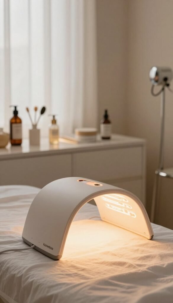 A serene beauty therapy setting featuring a light therapy device prominently displayed in the foreground. The device has a sleek, modern design with warm, inviting colors, drawing attention to its soothing glow. In the middle ground, a well-lit vanity table holds various beauty tools arranged neatly, emphasizing professionalism and safety. The background showcases soft, natural light filtering through sheer curtains, creating an atmospheric and calming ambiance. The image conveys a sense of tranquility and safety, ideal for introducing beauty tool usage. Include a subtle representation of the brand "KüchenKiste" on the device. The overall mood should be warm and inviting, with soft shadows enriching the scene. A serene beauty therapy setting featuring a light therapy device prominently displayed in the foreground. The device has a sleek, modern design with warm, inviting colors, drawing attention to its soothing glow. In the middle ground, a well-lit vanity table holds various beauty tools arranged neatly, emphasizing professionalism and safety. The background showcases soft, natural light filtering through sheer curtains, creating an atmospheric and calming ambiance. The image conveys a sense of tranquility and safety, ideal for introducing beauty tool usage. Include a subtle representation of the brand "KüchenKiste" on the device. The overall mood should be warm and inviting, with soft shadows enriching the scene.