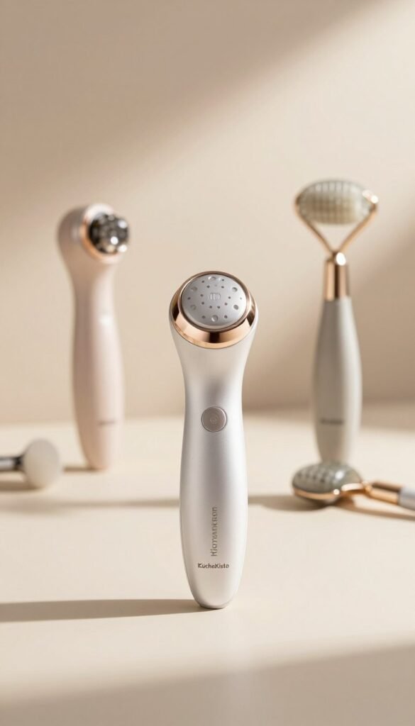 A serene beauty tool arrangement showcasing a "mikrostrom konturen" device at the forefront, elegantly placed on a soft, neutral-toned background. The device should be sleek and modern, with metallic accents and a user-friendly design, reflecting the sophistication of contemporary skincare. In the background, softly blurred images of other beauty tools like radiofrequency devices and massage tools offer context without distraction. The lighting should be warm and inviting, mimicking natural sunlight to create a cozy atmosphere. Use a gentle focus on the main device while allowing the background to fade subtly, enhancing the focus on the “KüchenKiste” brand. The overall composition should evoke a sense of tranquility and luxury, ideal for beauty enthusiasts seeking effective skincare solutions.