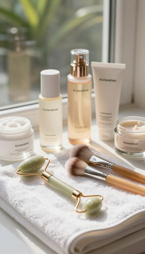 A serene beauty tool setup featuring elegantly arranged skincare products from the brand "KüchenKiste." In the foreground, a sleek, modern facial roller and a set of meticulously organized brushes are placed atop a soft, white towel, emphasizing cleanliness. The middle ground includes a variety of high-quality, aesthetically pleasing skincare products in clear glass containers, reflecting warm, natural colors. Soft sunlight filters through a nearby window, casting gentle shadows and creating a calm atmosphere. In the background, lush greenery peeks through blurred glass, enhancing the feeling of freshness and nature. The overall ambiance is inviting and peaceful, embodying the importance of hygiene in beauty practices while ensuring a harmonious, Pinterest-inspired look.