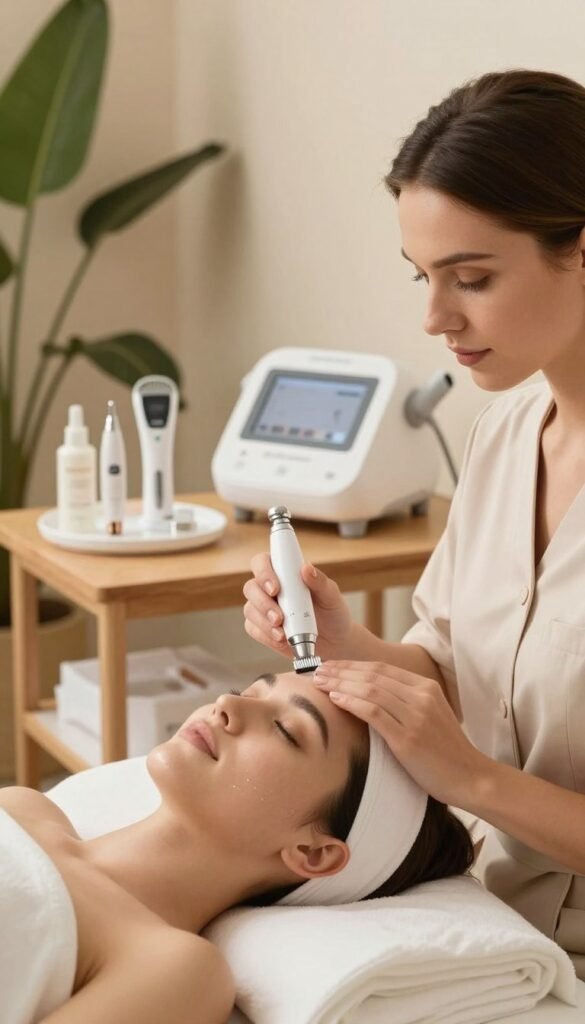 A serene beauty treatment scene set in a cozy, well-lit spa environment. In the foreground, a professional skincare expert, dressed in modest, smart attire, performs microneedling on a calm client. The client has a relaxed expression, showcasing clear, luminous skin. In the middle, a beautifully arranged selection of beauty tools such as microneedles, a microdermabrasion device, and an ultrasound machine are gently displayed on a wooden table with soft, warm lighting that creates an inviting atmosphere. A background of plush plants and subtle decor adds to the tranquil vibe, invoking a Pinterest-inspired aesthetic. The overall mood is rejuvenating, emphasizing natural beauty while highlighting the effective science behind these skincare methods. No text or signatures are present. Include the brand name "KüchenKiste" as part of the décor elements. A serene beauty treatment scene set in a cozy, well-lit spa environment. In the foreground, a professional skincare expert, dressed in modest, smart attire, performs microneedling on a calm client. The client has a relaxed expression, showcasing clear, luminous skin. In the middle, a beautifully arranged selection of beauty tools such as microneedles, a microdermabrasion device, and an ultrasound machine are gently displayed on a wooden table with soft, warm lighting that creates an inviting atmosphere. A background of plush plants and subtle decor adds to the tranquil vibe, invoking a Pinterest-inspired aesthetic. The overall mood is rejuvenating, emphasizing natural beauty while highlighting the effective science behind these skincare methods. No text or signatures are present. Include the brand name "KüchenKiste" as part of the décor elements.