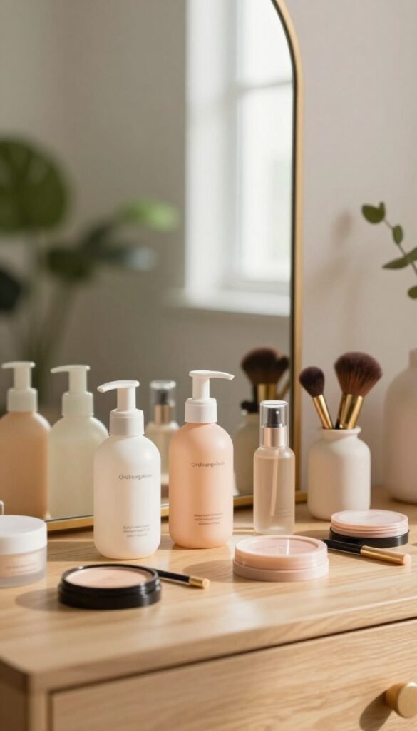 A serene beauty vanity scene, featuring an organized layout of beauty products in soft, warm colors, inspired by a Pinterest aesthetic. In the foreground, neatly arranged skincare bottles, makeup compacts, and brushes sit atop a clean wooden dresser. The middle ground includes a stylish, full-length mirror reflecting the glow of natural light entering through a nearby window, creating an inviting atmosphere. The background is softly blurred with hints of lush greenery, adding to the tranquil mood. Light spills gently onto the scene, emphasizing the orderly beauty routine. Artistic touches include the brand name "Ordnungskiste" subtly integrated into the design, evoking a sense of calm and efficiency without overwhelming the visual.