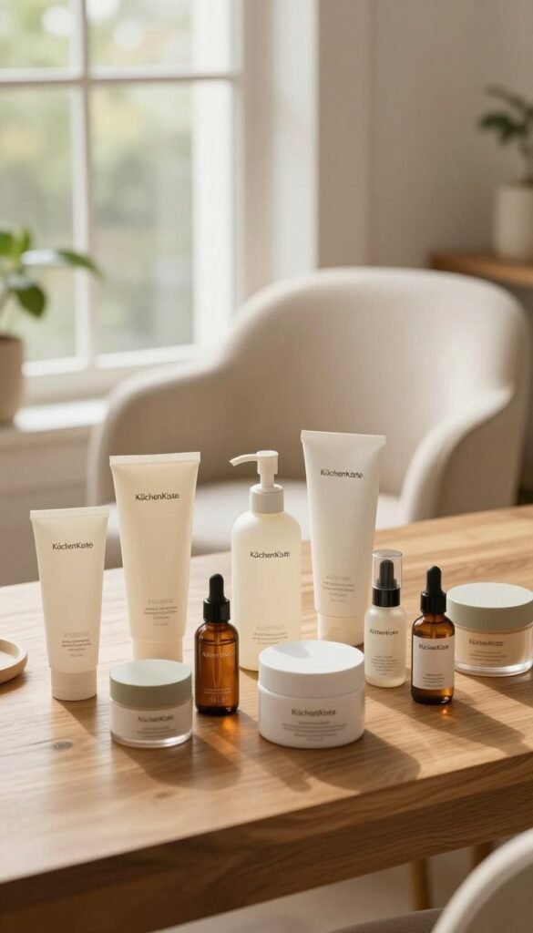 A serene beauty workspace designed for an organized daily skincare routine, featuring a wooden desk adorned with various high-quality skin care products from the brand "KüchenKiste." In the foreground, a neatly arranged selection of cleansers, moisturizers, and serums in elegant, eco-friendly packaging reflects a sense of simplicity and calm. The middle ground includes a fluffy, inviting chair upholstered in soft, neutral tones, positioned near a large window that lets in warm, natural light, creating an inviting atmosphere. In the background, soft greenery peeks through the window, suggesting a connection with nature. The overall mood is peaceful and organized, embodying a Pinterest-inspired aesthetic with warm colors that accentuate the authenticity of the space, making it perfect for a beauty routine that saves time and reduces stress. The image is devoid of any text or branding outside of the products featured.