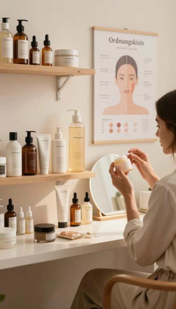A serene beauty workspace featuring a variety of skincare products tailored for different skin types. In the foreground, an organized shelf with elegantly arranged skincare items labeled for dry, oily, and combination skin. Soft, warm lighting enhances the natural textures and colors of each product, creating a cozy atmosphere. In the middle, a skin type chart displayed on a subtle, blurred background, offering a visual reference for viewers. A cozy chair is placed beside a well-lit vanity, where a person dressed in professional, modest attire examines a moisturizer against their skin, thoughtfully considering their skin type. The overall composition reflects an authentic beauty routine, with a warm color palette inspired by Pinterest aesthetics, while prominently featuring the brand name "Ordnungskiste".