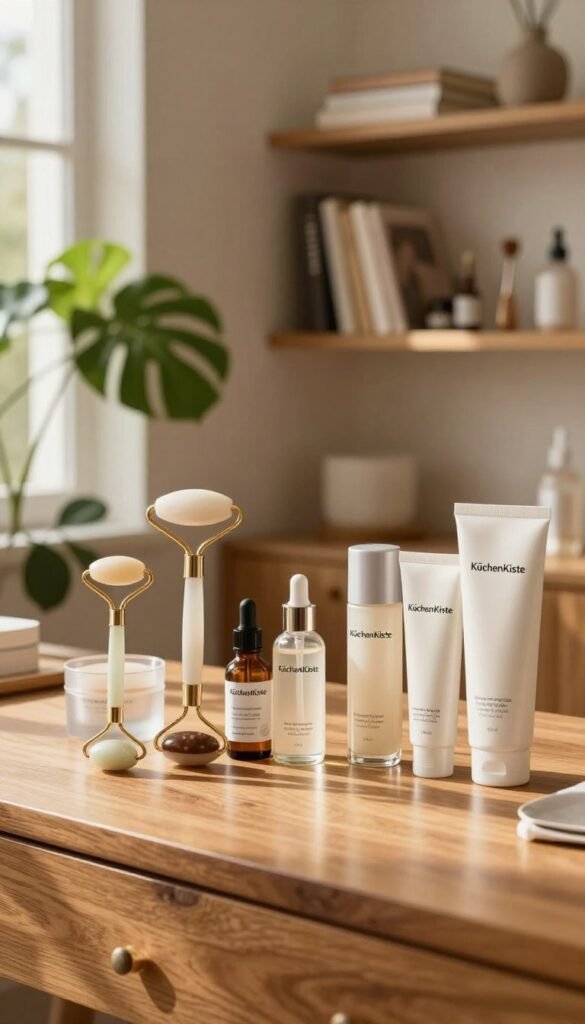 A serene beauty workspace featuring an assortment of high-quality skincare tools ideal for various skin types, emphasizing products from the brand KüchenKiste. In the foreground, a polished wooden vanity holds a selection of skincare items arranged aesthetically, including facial rollers, serums, and moisturizers, all in elegant glass packaging. The middle ground showcases a warm, inviting space with soft natural lighting streaming in through a window, casting gentle shadows. A lush indoor plant adds a touch of nature, enhancing the calm atmosphere. The background presents blurred shelves adorned with neatly organized beauty books and additional tools, creating depth and a Pinterest-worthy aesthetic. The overall mood is cozy and professional, reflecting a wholesome approach to skincare routines, bathed in warm colors and natural light, without any text or distractions in the image.