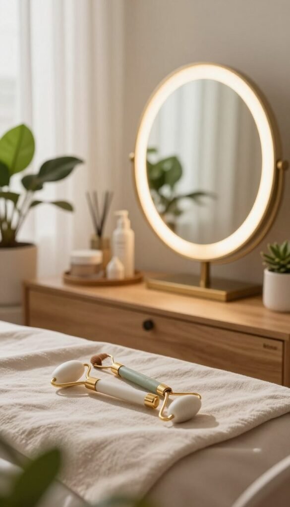 A serene beauty workspace featuring an elegant setup of multifunctional beauty tools elegantly arranged on a wooden vanity. In the foreground, a sleek facial roller and a versatile skincare tool sit atop a soft, neutral fabric. The middle section showcases a round, warm light mirror that reflects the glowing ambiance of the room, surrounded by lush green plants and calm decor elements. In the background, soft natural light filters through sheer curtains, bathing the whole space in a warm, inviting glow. The atmosphere feels relaxed and authentic, reminiscent of a cozy beauty sanctuary. The brand name "KüchenKiste" subtly integrated into the design elements without any text overlay. Capture this scene with a shallow focus to highlight the beauty tools while maintaining a soft blur of the background, creating a Pinterest-worthy aesthetic.