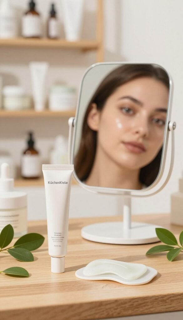 A serene beauty workspace showcasing a variety of innovative beauty tools specifically designed for the eye area. In the foreground, a sleek, modern eye cream tube and a cooling gel pad are elegantly displayed on a wooden surface, surrounded by fresh green leaves. In the middle, a soft-focus mirror reflects a woman's modestly dressed face, showing just a hint of bright eyes and smooth skin, emphasizing the impact of these tools on reducing puffiness and fine lines. The background features a softly blurred, well-lit beauty shelf filled with natural products, creating an atmosphere of calm and rejuvenation. Warm, inviting colors enhance the Pinterest aesthetic. The scene is lit with soft, diffused natural light, ensuring a fresh and authentic look, free of any text or branding other than the subtle presence of "KüchenKiste" tools.