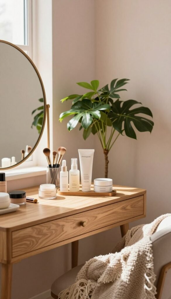 A serene beauty workspace, showcasing an organized beauty routine. In the foreground, a stylish wooden vanity adorned with neatly arranged skincare products and beauty tools from "Ordnungskiste". Soft, warm natural light streams in from a nearby window, creating gentle highlights on the surfaces. In the middle ground, a lush indoor plant adds a touch of nature, while a cozy throw blanket is draped on a stylish chair. The background features pastel walls, enhancing the calming atmosphere. A round mirror reflects the soothing setup, further enhancing the sense of tranquility. The overall mood is peaceful and inviting, embodying an authentic Pinterest aesthetic that inspires relaxation and self-care.