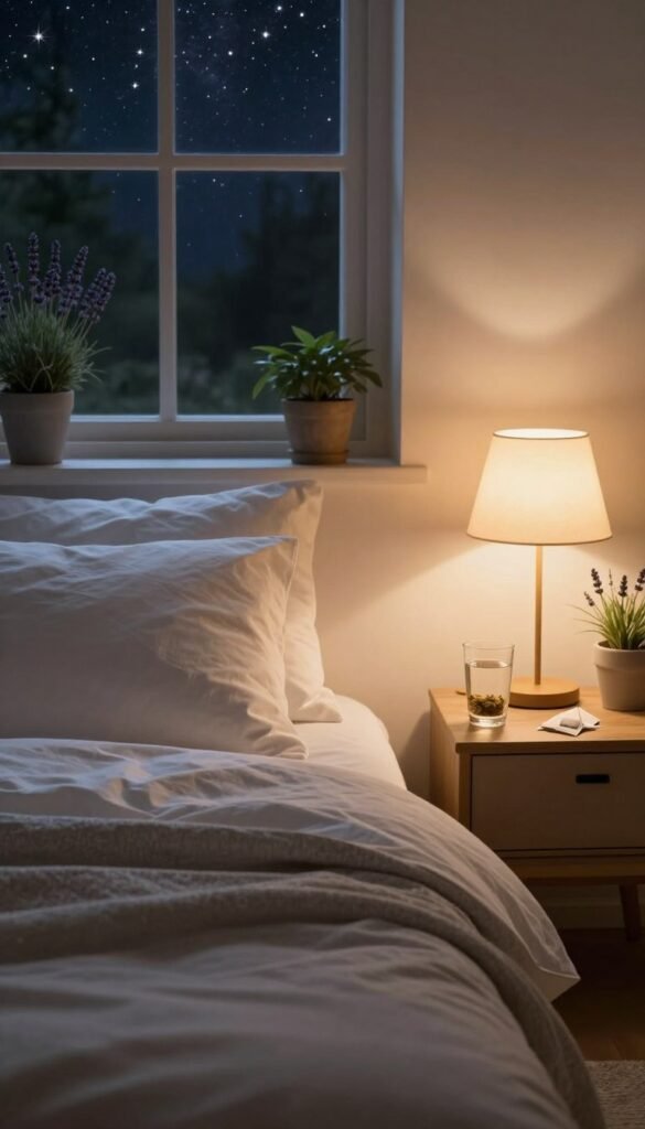 A serene bedroom scene at night, softly illuminated by warm, ambient light from a bedside lamp. In the foreground, a cozy bed with fluffy white pillows and a light gray blanket invites relaxation. A small nightstand features a glass of water and a couple of calming herbal tea bags, symbolizing nighttime rejuvenation. In the middle ground, a peaceful window shows a starry sky, reflecting the tranquility of sleep. The background reveals delicate greenery—such as potted lavender—adding a touch of nature and calmness to the scene. The atmosphere is soothing and restful, emphasizing the importance of sleep for skin regeneration. The overall aesthetic is natural and warm, reminiscent of a Pinterest-worthy image, encapsulating the nurturing essence of "KüchenKiste".