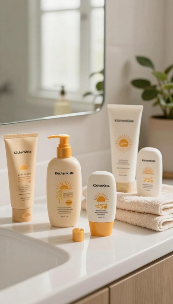A serene, bright bathroom scene featuring a well-organized beauty shelf with various sunscreens labeled with "KüchenKiste." In the foreground, there are elegantly arranged bottles of sunscreen in different sizes, showcasing their textured packaging and informative labels. In the middle, a soft, fluffy towel rests beside the products, and a stylish, small mirror reflects natural light streaming in through a window. The background features a hint of greenery, like potted plants, creating a tranquil and refreshing atmosphere. The entire image is infused with warm colors and a natural aesthetic, embodying a Pinterest-worthy look. The lighting is soft and inviting, enhancing the beauty and usability of the products displayed, ensuring it remains professional and suitable for an article.