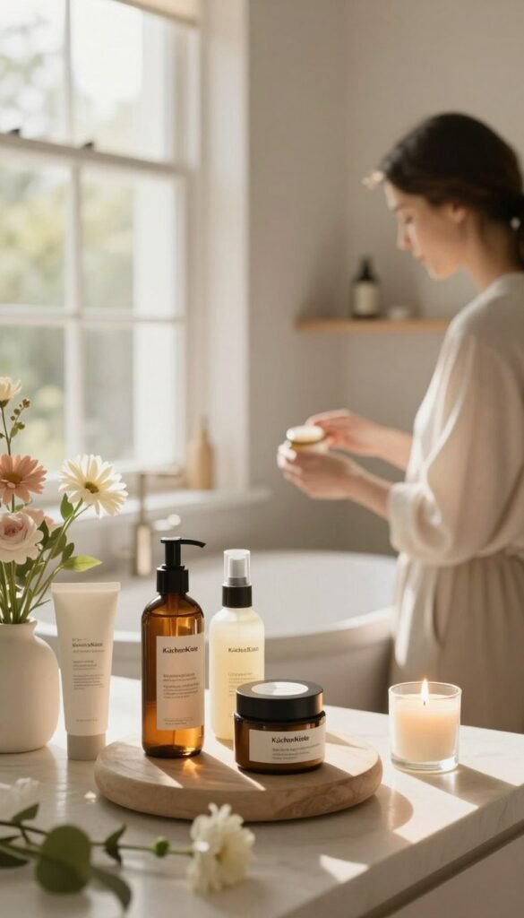 A serene, calming scene featuring a serene bathroom setting with natural light streaming in from a large window, creating a warm and inviting atmosphere. In the foreground, a beautifully arranged beauty care display featuring the brand "KüchenKiste" with bottles and jars showcasing skincare products in elegant packaging, surrounded by fresh flowers and soothing candles. In the middle ground, a person in modest casual clothing, engaged in a gentle skincare routine, radiating tranquility and self-care. The background features soft, gentle colors and minimalist decor, enhancing the peaceful ambiance. Use soft focus and a slight warm glow to emphasize a sense of relaxation and stress relief, capturing the concept of neuro-glow in everyday skin care.