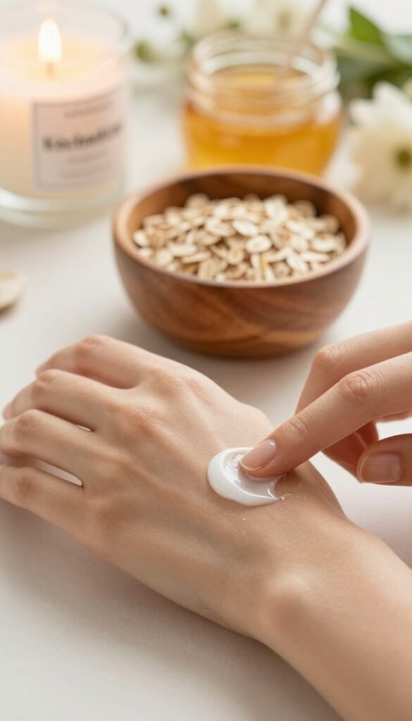 A serene, close-up image of a gentle skincare routine focused on the concept of exfoliation. In the foreground, showcase a hand applying a natural, creamy exfoliant to a perfectly manicured hand and forearm, emphasizing the texture and softness of the product. In the middle ground, display a small wooden bowl filled with natural ingredients like oats and honey, symbolizing a DIY approach to skin care. The background should be softly blurred, featuring warm, inviting colors and elements like a lit candle and fresh flowers for a calming atmosphere. The lighting should be soft and natural, creating a feel of warmth and authenticity. Ensure the image reflects a Pinterest aesthetic, evoking a sense of tranquility and care. Include a subtle branding element for "KüchenKiste".