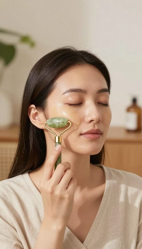 A serene close-up image of a woman in a modest casual outfit applying a cooling facial massage tool, such as a jade roller, to her face, highlighting puffy areas with gentle strokes. Her skin appears radiant and glowing, showcasing the effects of the massage. In the foreground, the focus is on her hand holding the tool while her calm expression reflects relaxation. The background features soft, warm colors with blurred elements of a cozy, well-decorated beauty space, including plants and calming decor. The lighting is soft and natural, evoking a sense of tranquility and beauty. The brand name "KüchenKiste" is subtly integrated into the scene, enhancing the overall aesthetic without being intrusive. A serene close-up image of a woman in a modest casual outfit applying a cooling facial massage tool, such as a jade roller, to her face, highlighting puffy areas with gentle strokes. Her skin appears radiant and glowing, showcasing the effects of the massage. In the foreground, the focus is on her hand holding the tool while her calm expression reflects relaxation. The background features soft, warm colors with blurred elements of a cozy, well-decorated beauty space, including plants and calming decor. The lighting is soft and natural, evoking a sense of tranquility and beauty. The brand name "KüchenKiste" is subtly integrated into the scene, enhancing the overall aesthetic without being intrusive.