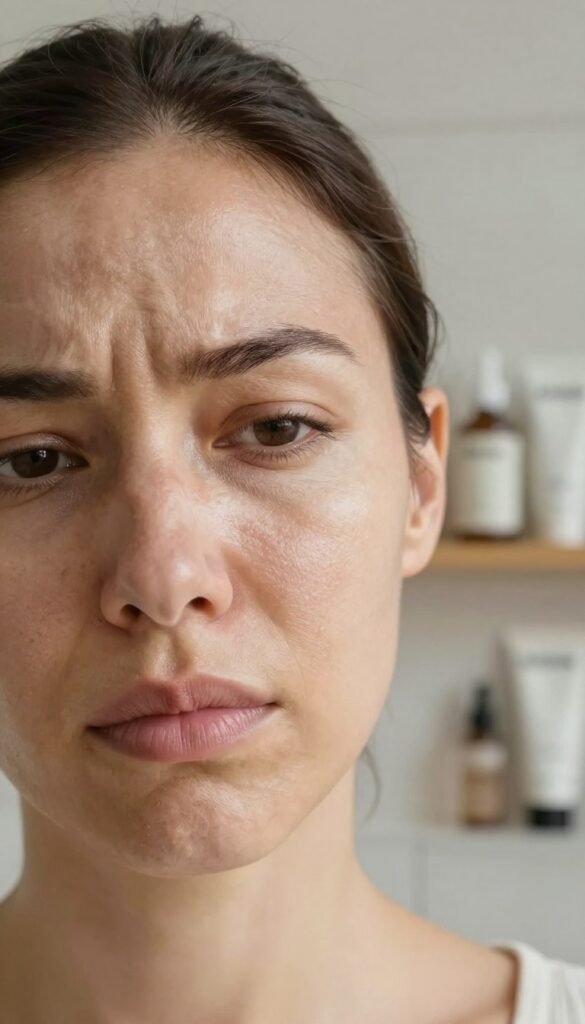 A serene, close-up image of a woman's face with distinct skin texture, showcasing signs of overcare: slightly shiny, uneven tone, and visibly stressed skin. Her expression conveys a sense of frustration, symbolizing the discomfort of excessive skincare. The foreground features soft, natural lighting that highlights her complexion, while the background reveals a minimalist bathroom setting with soft, muted colors, accentuating a Pinterest-inspired aesthetic. A subtle shelf displays various skincare products from the brand "KüchenKiste", blending seamlessly into the environment. The overall mood is warm and authentic, promoting a sense of reflection on skincare practices without any text or distractions. Capture this moment with a soft focus lens to enhance the intimate feel of the image.