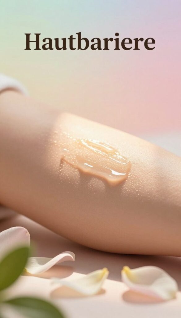 A serene, close-up image of healthy skin, focusing on the texture and vibrancy of the epidermis, emphasizing the concept of "Hautbarriere." The foreground features soft natural elements like gentle leaves and petals that symbolize balance and harmony. In the middle, showcase glowing skin under soft, warm lighting, with a slight blur to suggest a calming atmosphere. The background reveals a subtle gradient of pastel colors, evoking a sense of tranquility and wellness. Capture the essence of skin care through the natural illumination, as if the sun is gently cascading down. The overall mood should feel warm, inviting, and comforting, reflecting authenticity without any text or branding. Incorporate a minimalist aesthetic that aligns with modern beauty themes, inspired by KüchenKiste's approach to holistic wellness.