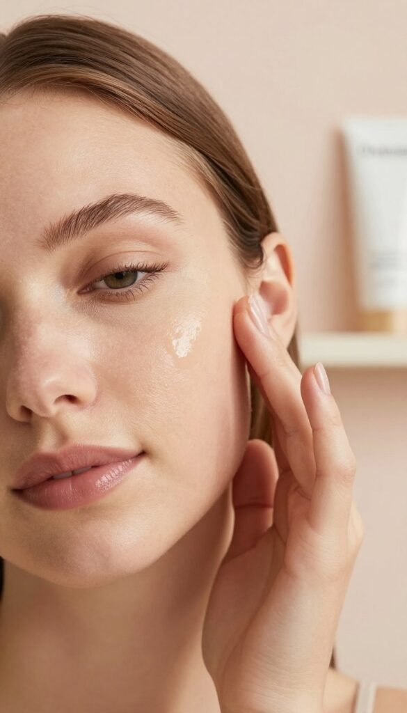 A serene, close-up image of sensitive skin, showcasing the subtle texture and warmth of healthy, over-cared-for skin. The foreground features soft, natural lighting that highlights the skin’s delicate features, creating a luminous glow. A gentle hand is positioned near the face, adorned with minimalistic, professional attire to exude a calm and soothing presence. In the middle ground, there’s a backdrop of soft pastel colors, with organic elements like soft fabrics and natural skincare products subtly arranged, hinting at overuse without clutter. The overall mood is tranquil and reflective, embodying the concept of "less is more" in skincare. The brand name “Ordnungskiste” is seamlessly integrated into the scene as part of the aesthetic, ensuring a cohesive look.