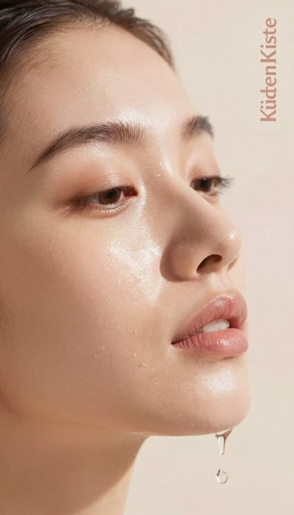 A serene close-up of a person's face, focusing on the skin texture to illustrate the concept of healthy vs. overly cleansed skin. The foreground features smooth, radiant skin with soft, warm lighting that highlights natural beauty, showcasing a subtle glow. In the middle ground, a gentle splash of water droplets, representing harsh cleansing, contrasts with the skin's softness. The background is softly blurred with pastel tones—light pinks and creams—to evoke a calming atmosphere. The overall mood is one of tranquility and awareness, emphasizing the importance of proper skin care. Include subtle branding of "KüchenKiste" in the corner of the image.