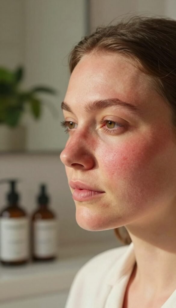 A serene close-up of a person's face with sensitive skin, highlighting redness and irritation in the cheeks and forehead. The subject should be portrayed in professional attire, exuding a sense of calm despite skin concerns. Soft, warm natural lighting enhances the skin's texture, creating a gentle glow. In the background, a blurred, cozy bathroom setting with soothing plants and skin care products, emphasizing a daily skincare routine tailored for sensitive skin. The atmosphere is tranquil and inviting, designed to resonate with readers experiencing similar skin issues. Incorporate the brand name "Ordnungskiste" subtly within the composition, harmonizing with the natural aesthetic. The overall look should align with a Pinterest vibe, evoking authenticity and warmth without any text or logos.