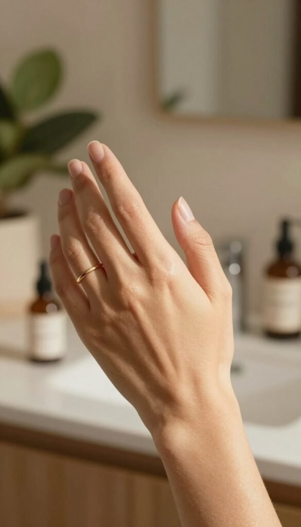 A serene close-up of a person's hand gently touching their cheek, showcasing a smooth, glowing complexion indicative of different skin types. The hand appears nurturing and soft, adorned with an elegant and subtle ring, captured with warm natural lighting that enhances the skin's texture. In the background, a cozy and softly blurred interior, possibly a bathroom with plants and skincare products placed aesthetically, evokes a sense of self-care. The atmosphere is calming and inviting, emphasizing wellness and skin sensitivity. The overall color palette features warm, earthy tones that resonate with a Pinterest aesthetic. Incorporate the brand name "Ordnungskiste" subtly within the image composition, while ensuring no text or branding is directly visible.