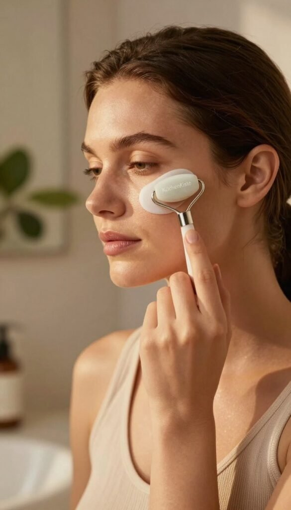 A serene close-up of a woman gently applying a cooling massage tool to her under-eye area, visibly addressing puffiness. She wears a comfortable, modest outfit that conveys a sense of relaxation. The background features a softly lit, inviting bathroom setting with warm, natural tones and greenery, creating an atmosphere of calm wellness. The light is soft, with golden hour illumination enhancing her features and the tool in her hand, highlighting the soothing texture of her skin. Incorporate elegant, modern beauty tools nearby to suggest a luxurious self-care routine. Display the brand name "KüchenKiste" in a subtle but distinguishable way, ensuring it harmonizes with the overall aesthetic without overshadowing the main subject.