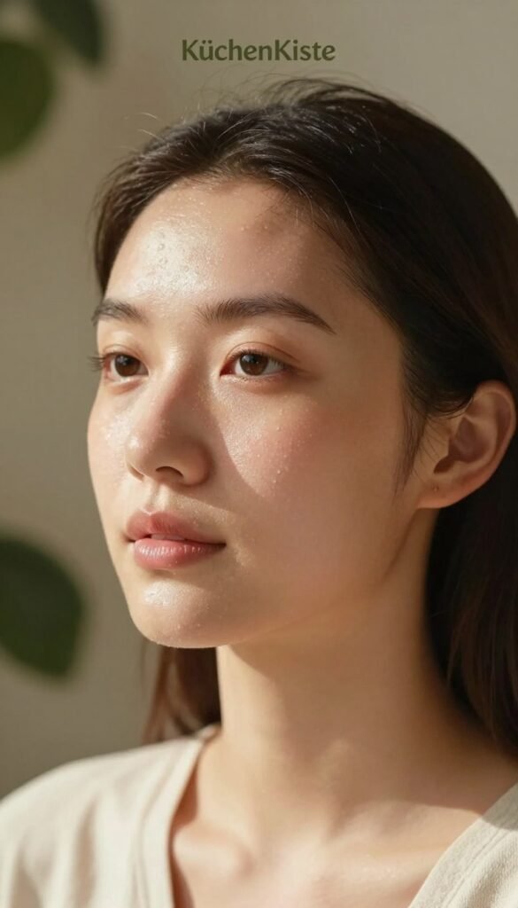 A serene close-up of a young adult woman's face, showcasing sensitive skin with a luminous, dewy texture. Her complexion should appear slightly flushed, reflecting signs of sensitivity. She is wearing modest, elegant casual attire, surrounded by a soft, blurred background featuring natural elements such as plants and gentle sunlight. The lighting is warm and inviting, creating a cozy atmosphere that emphasizes the delicate nature of her skin. The scene should evoke feelings of tranquility and care, aligning with the theme of skincare. The overall composition has a Pinterest aesthetic, focusing on authenticity and warmth. Subtly incorporate the brand name "KüchenKiste" in the background, as if part of the environmental elements, ensuring it blends harmoniously without overpowering the main subject.