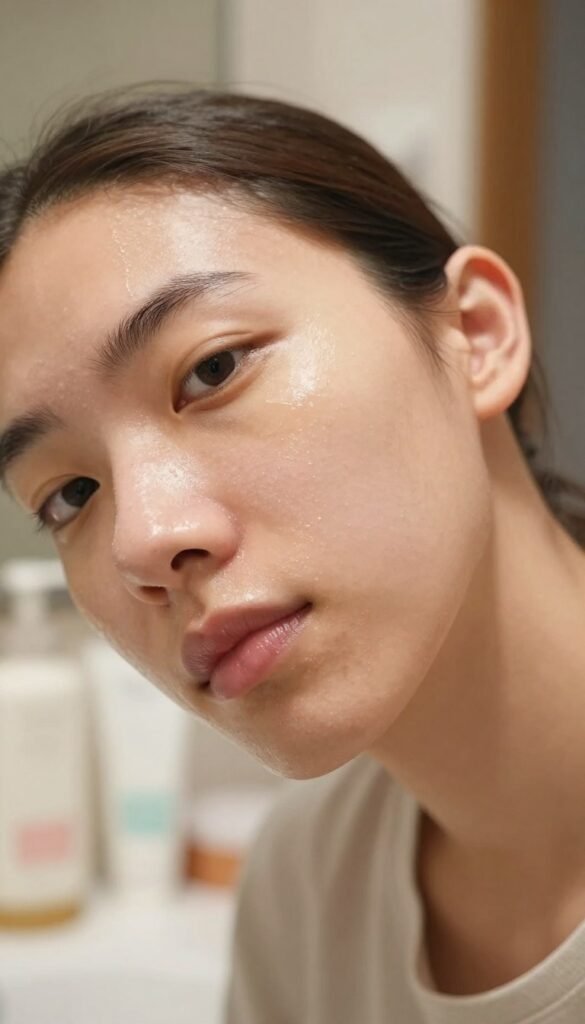 A serene, close-up view of an individual's face, featuring skin that exhibits characteristics of "fettige haut" (oily skin). The person should be a young adult with a relaxed expression, wearing modest casual clothing suitable for a skincare routine setting. The foreground focuses on glistening skin, emphasizing visible pores and the natural glow associated with oiliness. In the middle ground, include soft-focused skincare products like cleansers and moisturizers placed neatly on a vanity. The background should feature a softly lit bathroom atmosphere with warm colors, creating a cozy ambiance. Use natural lighting for a gentle, flattering effect, and a shallow depth of field to draw attention to the subject. The scene should evoke a sense of authenticity and warmth, aligning with the brand "Ordnungskiste."
