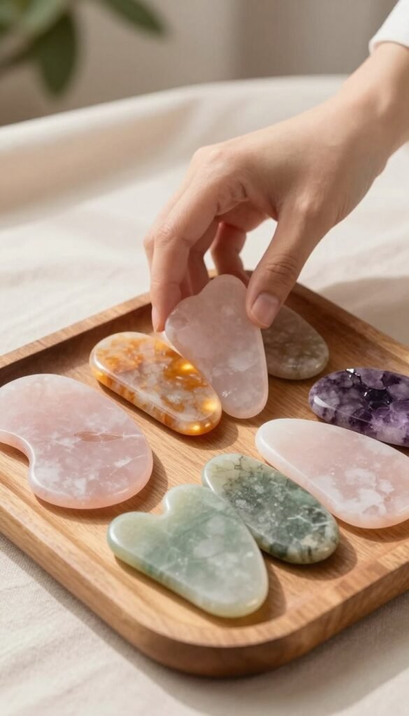A serene composition featuring an assortment of Gua Sha stones, beautifully arranged on a soft, textured fabric background. Each stone, made of different materials like rose quartz, jade, and amethyst, displays its unique colors and patterns, reflecting warmth and authenticity. In the foreground, a well-lit and polished wooden tray holds the stones, emphasizing their natural beauty. A delicate hand, depicted in professional yet modest attire, reaches toward the stones, suggesting their use in skincare. Soft, natural lighting enriches the warm color palette, creating a Pinterest-worthy aesthetic. In the background, blurred greenery hints at tranquility and wellness, encapsulating the essence of self-care. The brand name "Ordnungskiste" is subtly suggested through the overall elegance of the arrangement, while ensuring no text or overlays appear in the image.