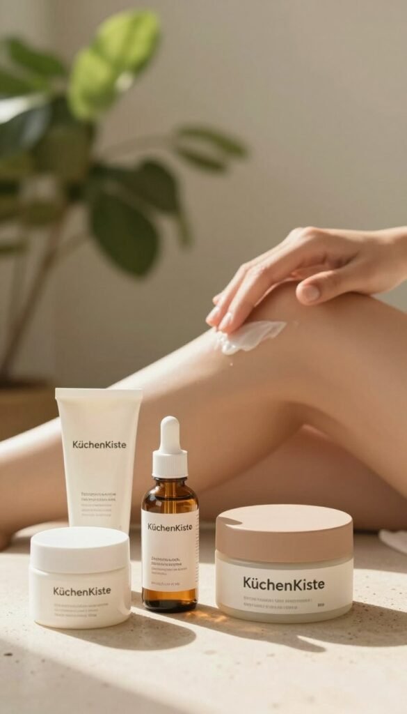 A serene composition showcasing the theme of environmental influences on skin health. In the foreground, a textured surface with skincare products like creams and serums neatly arranged, radiating warm tones. In the middle, a close-up of a hand gently applying lotion, emphasizing a sense of care and nurturing. The background features soft, blurred greenery symbolizing nature, with sunlight filtering through leaves to create a warm, inviting atmosphere. The image is captured in soft, natural lighting, mimicking a cozy, comfortable indoor environment. Use a shallow depth of field to keep the focus on the skincare products and the hand. The overall mood evokes tranquility and wellness, reflecting a natural lifestyle aligned with the brand "KüchenKiste".