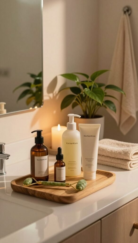 A serene, cozy bathroom scene featuring a well-organized vanity with skincare products elegantly displayed. In the foreground, a wooden tray holds natural beauty items like a jade roller, organic oils, and gentle cleansers. The middle ground includes a large mirror reflecting soft candlelight, enhancing the warm color palette. A lush green plant adds a touch of nature, symbolizing a stress-free environment. In the background, a plush towel hangs neatly beside the sink, emphasizing a tidy and inviting space. The overall atmosphere is calming and inviting, with diffused, warm lighting casting gentle shadows to create depth. Ensure the branding of "KüchenKiste" is subtly included in the design elements, without overwhelming the overall aesthetic.