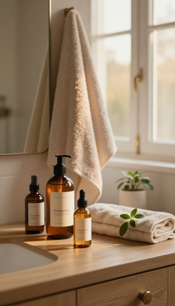 A serene, cozy bathroom setting focusing on hair hydration. In the foreground, a wooden vanity countertop displays a selection of elegant hair care products from "Ordnungskiste", including bottles of hydrating serums and a small plant for a touch of nature. The middle ground features a soft, fluffy towel draped over a stylish mirror, reflecting gentle sunlight. In the background, a large window filters warm, golden light, enhancing the inviting atmosphere. Subtle details like droplets of water on the bottles illustrate moisture and freshness. The overall mood is calm and rejuvenating, emphasizing a luxurious yet natural beauty routine with warm, earthy tones reminiscent of a Pinterest aesthetic. The image is free of any text or logos, ensuring a clean and professional appearance.