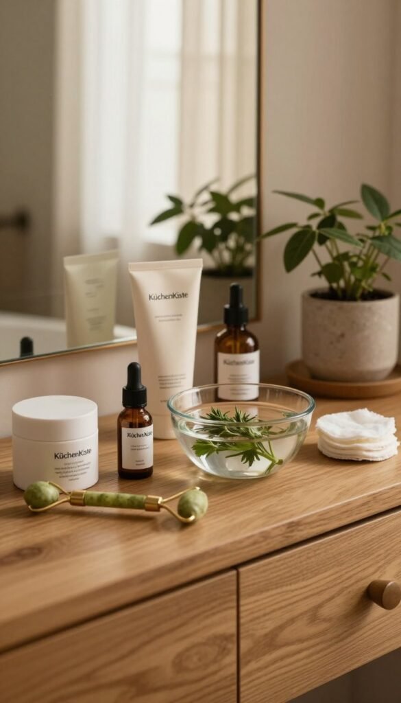 A serene, cozy bathroom setting showcasing a skincare routine. In the foreground, a stylish wooden vanity with a variety of skincare products from the brand "KüchenKiste," including creams, serums, and a facial roller, artfully arranged. In the middle, a clear glass bowl filled with water and fresh herbs, alongside cotton pads, emphasizing natural beauty. The background features soft, warm lighting emanating from a window with sheer curtains, creating a tranquil atmosphere. A plant in a decorative pot adds a touch of greenery. The overall color palette leans towards warm earth tones typical of Pinterest aesthetics. The scene conveys a calming, inviting mood, encouraging self-care and daily beauty routines, free from any text or distractions.