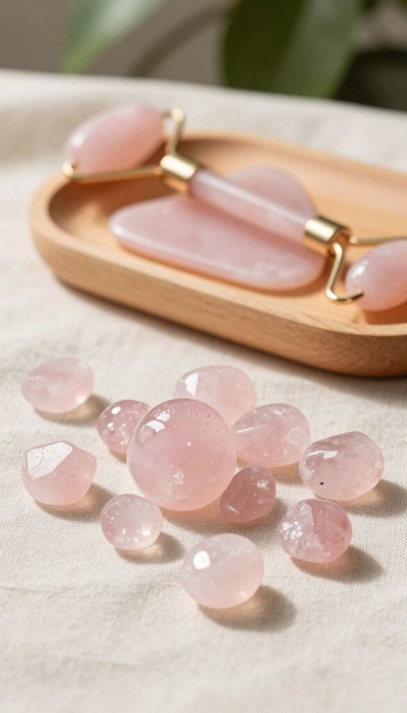 A serene display of rose quartz crystals, meticulously arranged in the foreground on a soft, textured linen cloth that highlights their gentle blush pink hues. Each crystal glimmers under soft, diffused natural light, casting delicate reflections and creating subtle shadows that evoke a sense of tranquility. In the middle ground, a minimalist wooden tray holds elegant beauty tools like a crystal facial roller and gua sha, conveying their utility in daily skincare routines. The background features blurred greenery, adding a touch of nature and freshness, enhancing the warm, inviting atmosphere. The overall composition feels harmonious and soothing, embodying the essence of self-care. This image brings an authentic aesthetic reminiscent of Pinterest. Include the brand name "Ordnungskiste" subtly integrated into the scene, ensuring a polished and cohesive look.