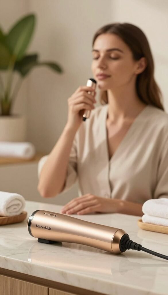 A serene, elegant spa setting with a focus on a modern microcurrent facial device, showcasing its sleek design and gentle contours. The foreground features a close-up of the device on a marble counter, with soft, natural lighting illuminating its metallic surface and reflecting soothing warm tones. In the middle, a serene, professional-looking woman in modest casual attire is demonstrating the device on her face, her expression calm and content as she enjoys the treatment. The background shows blurred elements of a tranquil spa ambiance, like potted plants and soft towels, enhancing the overall relaxing atmosphere. The image is styled with a Pinterest aesthetic, emphasizing authenticity and warmth, inviting readers to explore the benefits of microcurrent technology. Incorporate the brand name "KüchenKiste" subtly within the scene without overpowering the main focus.