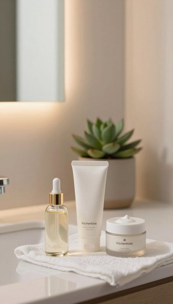 A serene, elegantly arranged beauty scene featuring a minimalist bathroom counter with skincare products. In the foreground, there are a beautifully shaped glass bottle of serum, a delicate cleanser, and a moisturizing cream, all set against a softly textured white cloth. The middle ground captures a potted succulent plant, echoing a sense of tranquility, while the background features a softly lit mirror reflecting gentle, warm colors. The overall atmosphere is inviting and calming, embodying the essence of a daily beauty routine. The lighting is natural, filtering through a window to create a warm glow. Emphasize a Pinterest-inspired aesthetic, while integrating the brand name "KüchenKiste" subtly into the arrangement without it appearing as text. Aim for a harmonious composition that feels both authentic and professional.